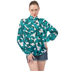 Teal And White Camouflage Pattern High Neck Long Sleeve Chiffon Top by SpinnyChairDesigns