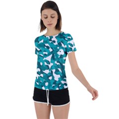 Teal And White Camouflage Pattern Back Circle Cutout Sports Tee by SpinnyChairDesigns