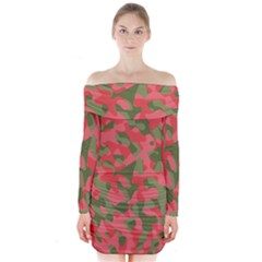 Pink And Green Camouflage Pattern Long Sleeve Off Shoulder Dress by SpinnyChairDesigns