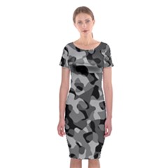 Grey And Black Camouflage Pattern Classic Short Sleeve Midi Dress by SpinnyChairDesigns