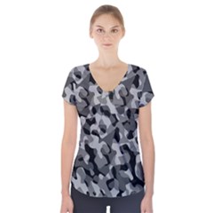 Grey And Black Camouflage Pattern Short Sleeve Front Detail Top by SpinnyChairDesigns