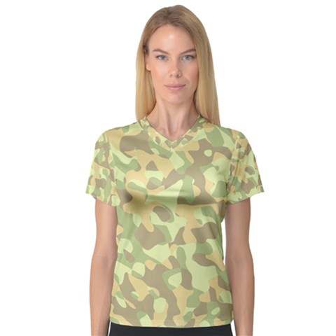 Light Green Brown Yellow Camouflage Pattern V-neck Sport Mesh Tee by SpinnyChairDesigns