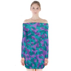 Purple And Teal Camouflage Pattern Long Sleeve Off Shoulder Dress by SpinnyChairDesigns