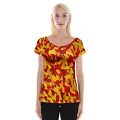 Red And Yellow Camouflage Pattern Cap Sleeve Top by SpinnyChairDesigns