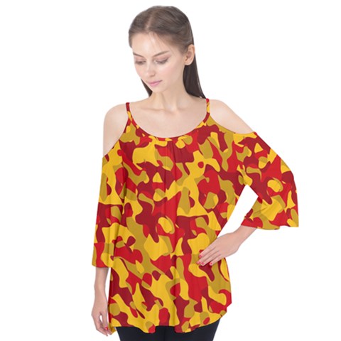 Red And Yellow Camouflage Pattern Flutter Tees by SpinnyChairDesigns