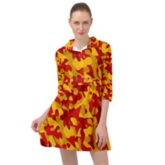 Red And Yellow Camouflage Pattern Mini Skater Shirt Dress by SpinnyChairDesigns