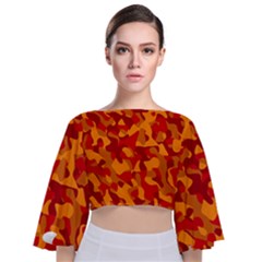 Red And Orange Camouflage Pattern Tie Back Butterfly Sleeve Chiffon Top by SpinnyChairDesigns