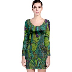 Jungle Print Green Abstract Pattern Long Sleeve Velvet Bodycon Dress by SpinnyChairDesigns