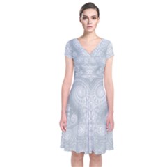 Ash Grey White Swirls Short Sleeve Front Wrap Dress by SpinnyChairDesigns