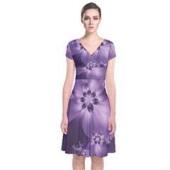 Royal Purple Floral Print Short Sleeve Front Wrap Dress by SpinnyChairDesigns