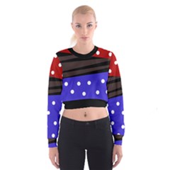 Mixed Polka Dots And Lines Pattern, Blue, Red, Brown Cropped Sweatshirt by Casemiro