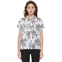 Line Art Black And White Rose Short Sleeve Pocket Shirt by MintanArt