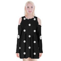 Black And White Baseball Motif Pattern Velvet Long Sleeve Shoulder Cutout Dress by dflcprintsclothing