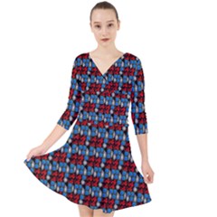 Red And Blue Quarter Sleeve Front Wrap Dress by Sparkle