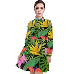 Tropical Greens Leaves Long Sleeve Chiffon Shirt Dress by Alisyart