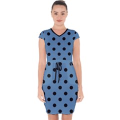 Large Black Polka Dots On Air Force Blue - Capsleeve Drawstring Dress  by FashionLane