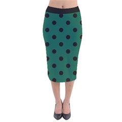 Large Black Polka Dots On Christmas Green - Velvet Midi Pencil Skirt by FashionLane