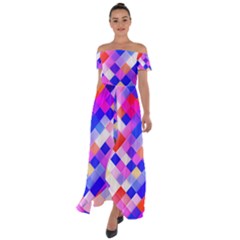 Squares Pattern Geometric Seamless Off Shoulder Open Front Chiffon Dress by Dutashop