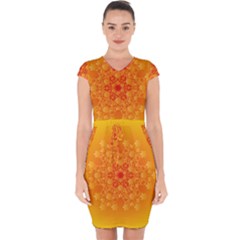 Fractal Yellow Orange Capsleeve Drawstring Dress  by Dutashop