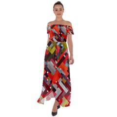 Maze Abstract Texture Rainbow Off Shoulder Open Front Chiffon Dress by Dutashop