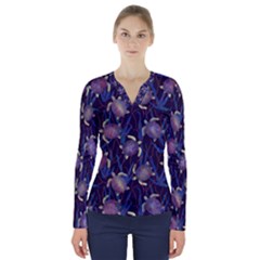 Turtles Swim In The Water Among The Plants V-neck Long Sleeve Top by SychEva