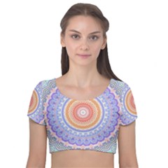 Pretty Pastel Boho Hippie Mandala Velvet Short Sleeve Crop Top  by CrypticFragmentsDesign