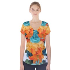 Spring Flowers Short Sleeve Front Detail Top by LW41021