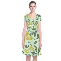 Folk Floral Pattern  Abstract Flowers Surface Design  Seamless Pattern Short Sleeve Front Wrap Dress by Eskimos
