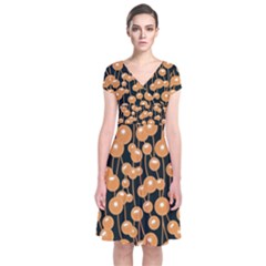 Orange Dandelions On A Dark Background Short Sleeve Front Wrap Dress by SychEva