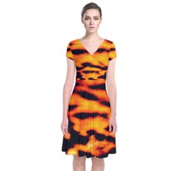 Orange Waves Abstract Series No2 Short Sleeve Front Wrap Dress by DimitriosArt