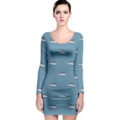 Cartoon Sketchy Helicopter Drawing Motif Pattern Long Sleeve Bodycon Dress by dflcprintsclothing
