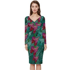 Rare Excotic Forest Of Wild Orchids Vines Blooming In The Calm Long Sleeve V-neck Bodycon Dress  by pepitasart