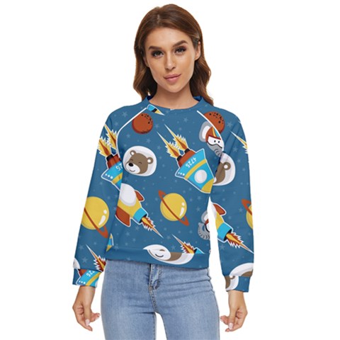 Seamless-pattern-vector-with-spacecraft-funny-animals-astronaut Women s Long Sleeve Raglan Tee by Jancukart