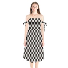 Large Black And White Watercolored Checkerboard Chess Shoulder Tie Bardot Midi Dress by PodArtist