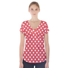 Polka-dots-red Short Sleeve Front Detail Top by nate14shop