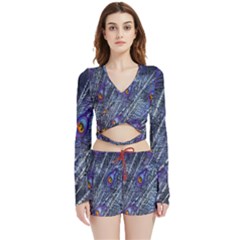 Peacock-feathers-blue Velvet Wrap Crop Top And Shorts Set by nateshop