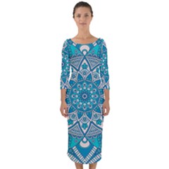 Mandala Blue Quarter Sleeve Midi Bodycon Dress by zappwaits