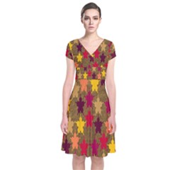 Abstract-flower Gold Short Sleeve Front Wrap Dress by nateshop