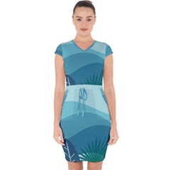 Palm Leaves Waves Mountains Hills Capsleeve Drawstring Dress  by Ravend