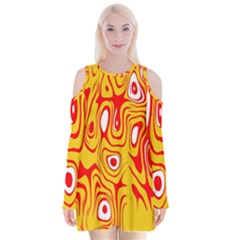 Red-yellow Velvet Long Sleeve Shoulder Cutout Dress by nateshop