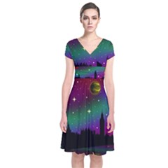 Illustration Clock Asteroid Comet Galaxy Short Sleeve Front Wrap Dress by Wegoenart