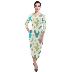 Cactus Succulent Floral Seamless Pattern Quarter Sleeve Midi Velour Bodycon Dress by Wegoenart