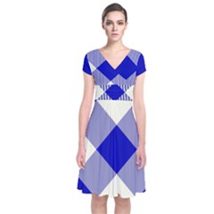Blue And White Diagonal Plaids Short Sleeve Front Wrap Dress by ConteMonfrey