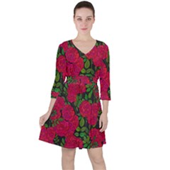 Seamless-pattern-with-colorful-bush-roses Quarter Sleeve Ruffle Waist Dress by BangZart