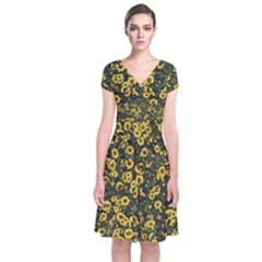 Sunflowers Yellow Flowers Flowers Digital Drawing Short Sleeve Front Wrap Dress by Ravend
