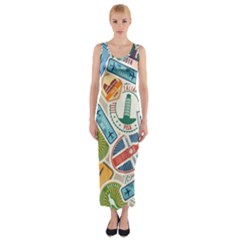 Travel Pattern Immigration Stamps Stickers With Historical Cultural Objects Travelling Visa Immigran Fitted Maxi Dress by Pakemis