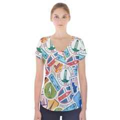 Travel Pattern Immigration Stamps Stickers With Historical Cultural Objects Travelling Visa Immigran Short Sleeve Front Detail Top by Pakemis