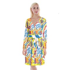 Colorful City Life Horizontal Seamless Pattern Urban City Long Sleeve Velvet Front Wrap Dress by Pakemis