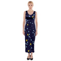 Seamless Pattern With Cartoon Zodiac Constellations Starry Sky Fitted Maxi Dress by Pakemis