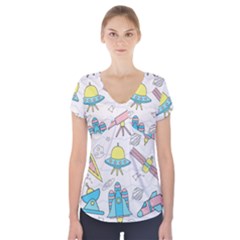 Cute-seamless-pattern-with-space Short Sleeve Front Detail Top by Pakemis